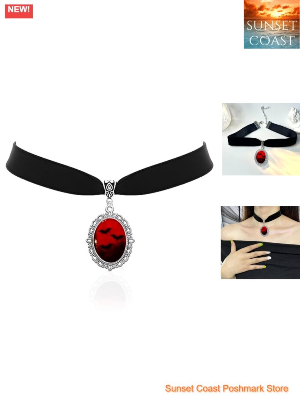 Gothic Vampire Bat Choker Necklace Blood Ruby Cabochon Pendant